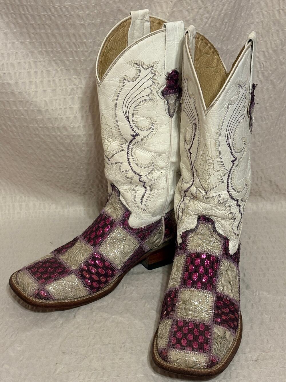 Ferrini VTG Mexican Pink Sequin Patchwork Leather Cowboy Boots Womens 7 PLZ READ